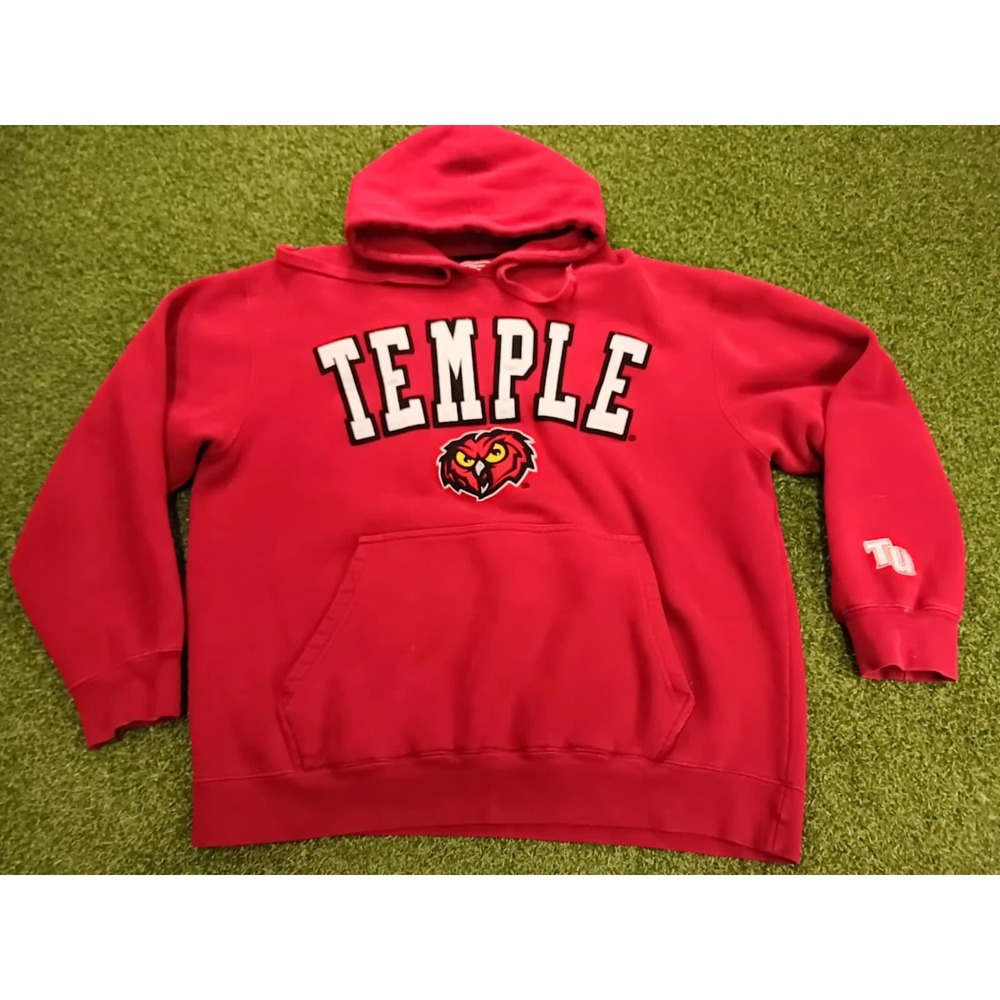 Temple Owls Football Hoodie Men's Large Red Cotton Long Sleeve‎ Pockets Pullover